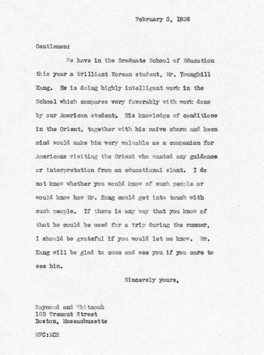 Miriam Carpenter letter praising Kang